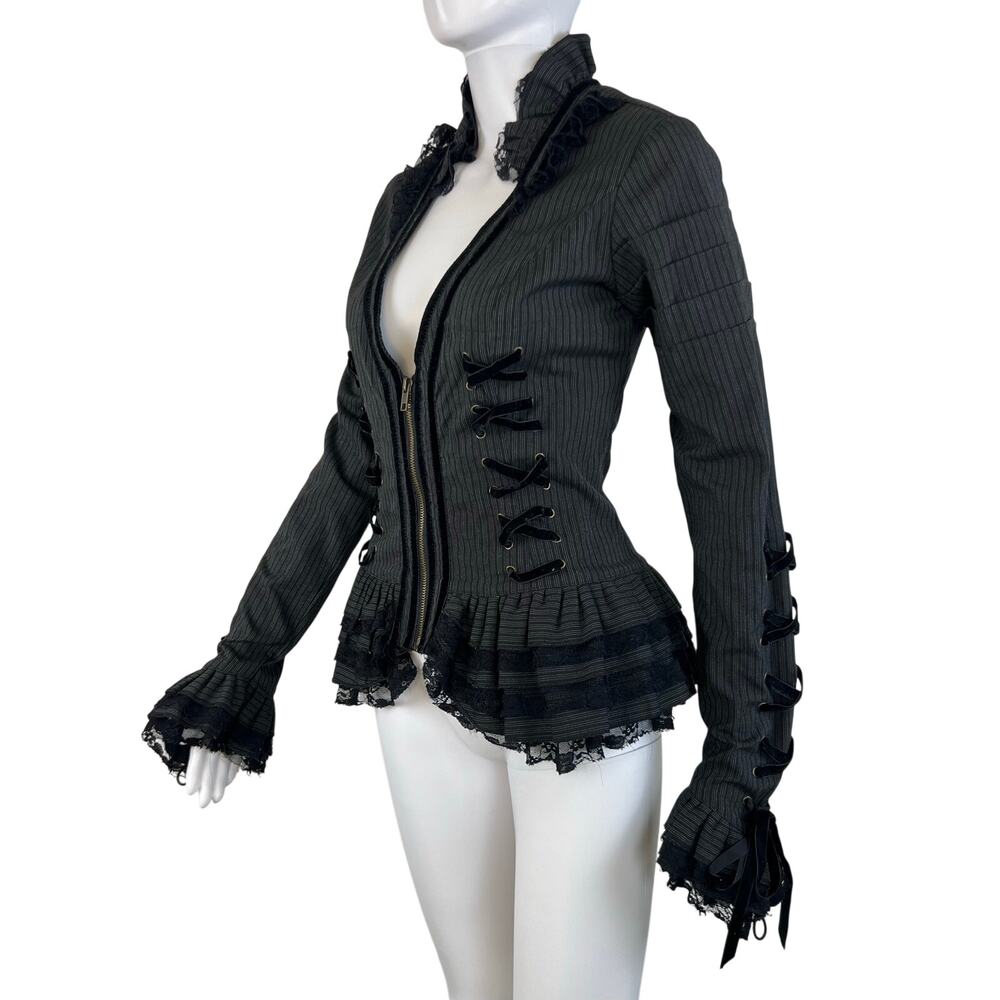 Spin Doctor Black Pinstripe Long Sleeve Corset Top Ruffles Lace Detailing (Sz S)